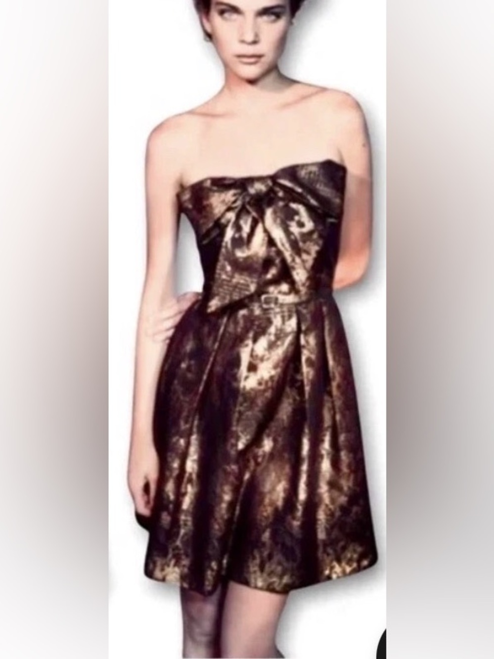 Eva Franco Metallic Bronze Strapless Bow Dress